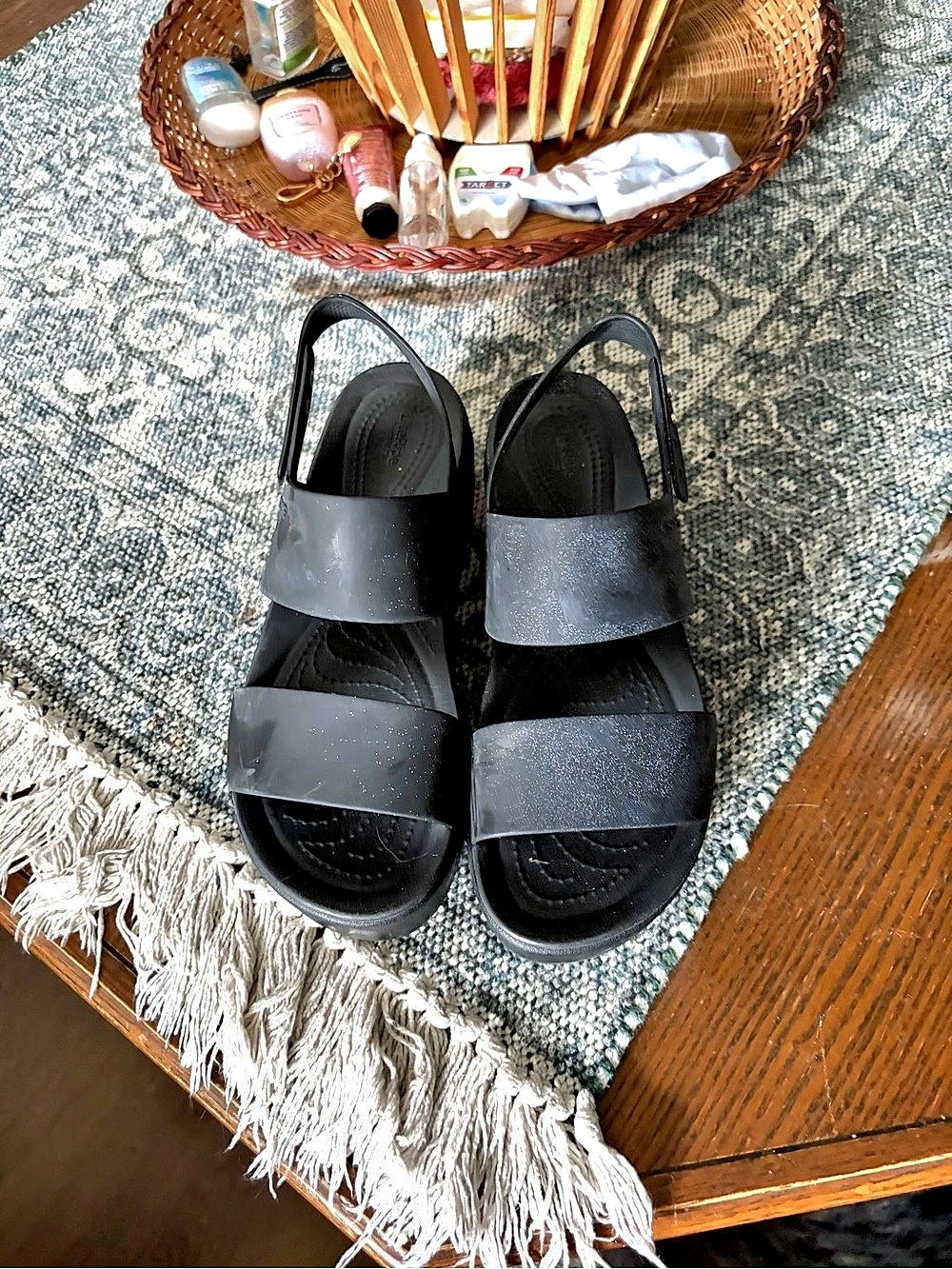 Crocs Brooklyn Low Wedge Black Strappy Sandals